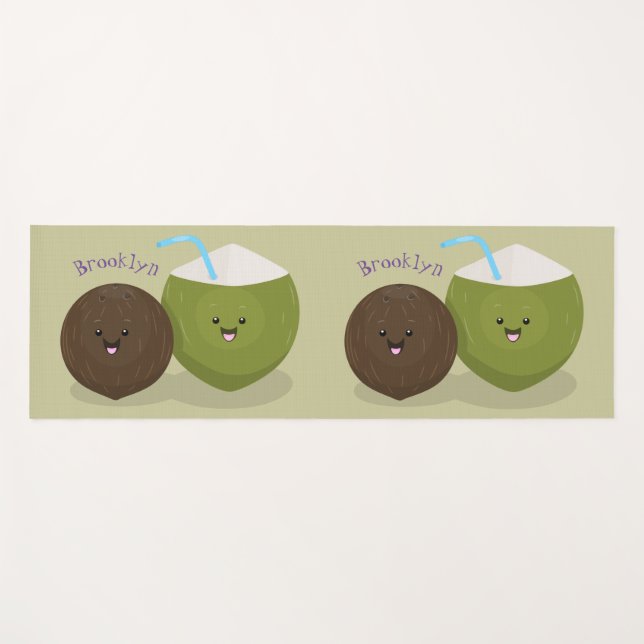 Tapis De Yoga Caricature de noix de coco kawaii joyeux (Devant (Horizontal))