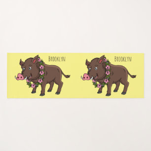 Tapis De Yoga Caricature mignonne sanglier et fleurs