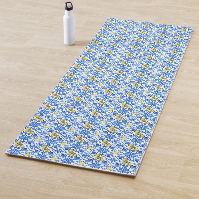 Tapis De Yoga Carrelage bleu citron jaune  (En situation)