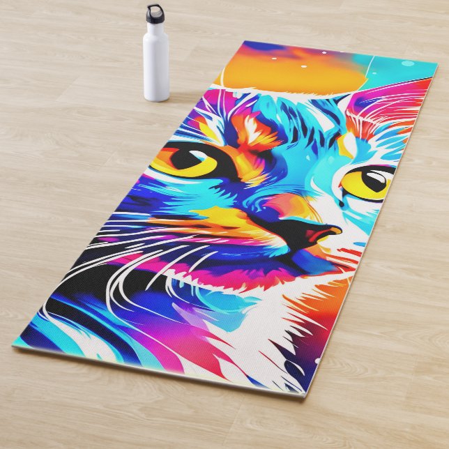 Tapis De Yoga Chaton Coloré Regard Fixe (En situation)