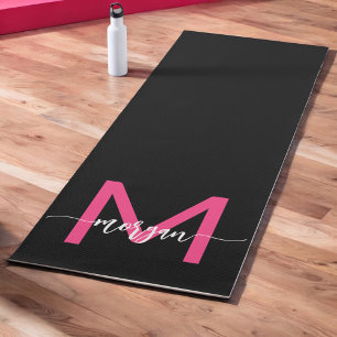 Tapis De Yoga Chaud rose noir moderne Script Girl Monogramme Nom