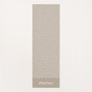 Tapis De Yoga Chevron Zigzag Ondulé Beige Et Blanc Avec Nom