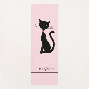 Tapis De Yoga Chic Chat Noir Nom Personnalisé Rose