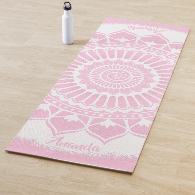 Tapis De Yoga Chiffres spirales Fleurs rose blanc Henné Mandala (En situation)