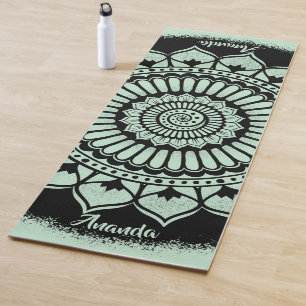 Tapis De Yoga Chiffres spirales Fleurs vert noir henné Mandala