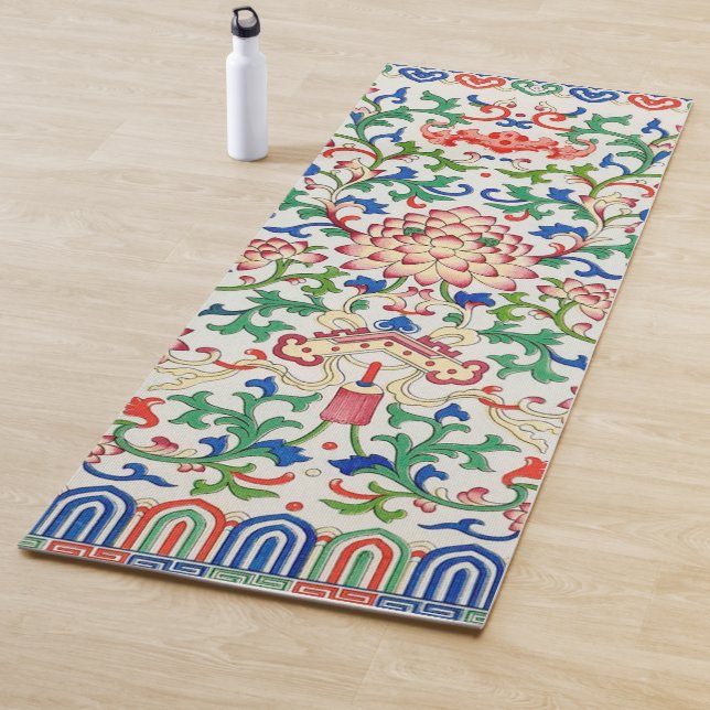 Tapis De Yoga Chine rétro Lotus Botanique sur Chinoiserie blanch (En situation)