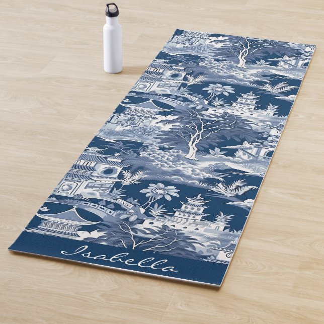 Tapis De Yoga Chinoiserie Asiatique Paysage Peinture Bleu Blanc (En situation)