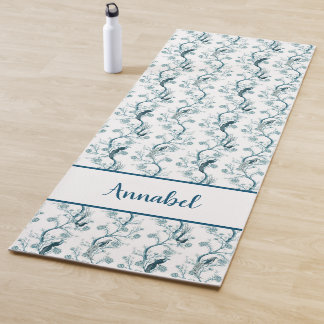 Tapis De Yoga Chinoiserie oiseaux et feuillage bleu essence
