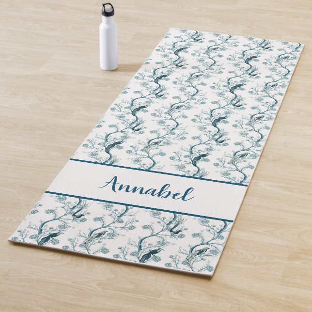 Tapis De Yoga Chinoiserie oiseaux et feuillage bleu essence (En situation)