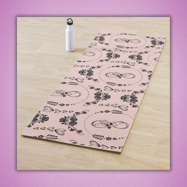 Tapis De Yoga Coeurs noirs simples, Floral, Infinité sur rose | (Créateur téléchargé)