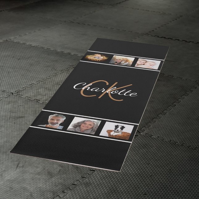Tapis De Yoga Collage photo personnalisé script noir or monogram (Créateur téléchargé)