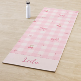 Tapis De Yoga Conception de nom de script à nœud cerise en vichy