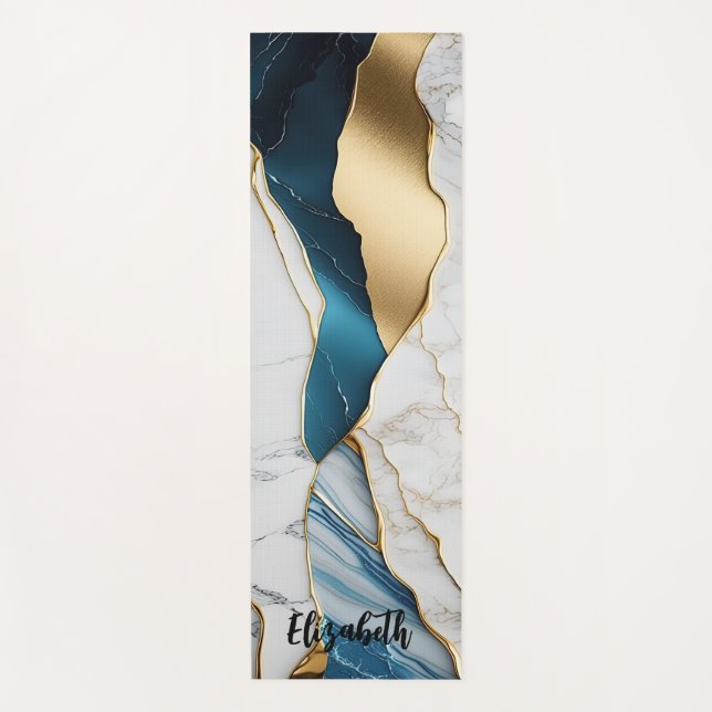 Tapis De Yoga Cool Blanc Turquoise Marbre Pierre Or (Devant)