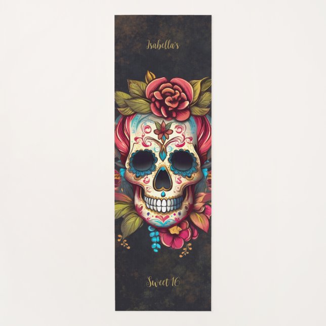 Tapis De Yoga Crâne à sucre fleuri Sweet 16 Anniversaire (Devant)