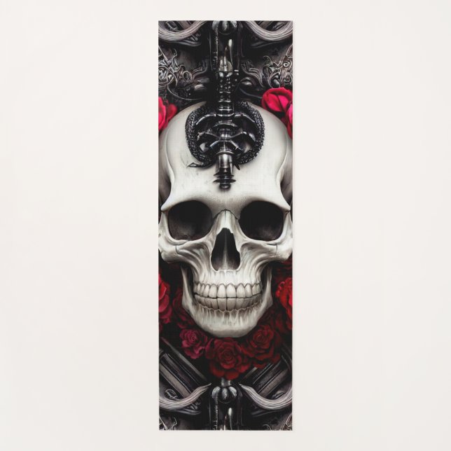 Tapis De Yoga Crâne foncé et gothique et Rose (Devant)