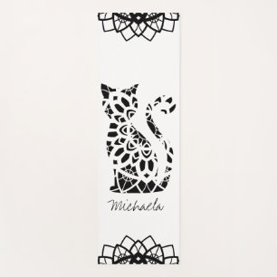Tapis De Yoga Cute Cat Mandala Nom Girly Black Personnalisable