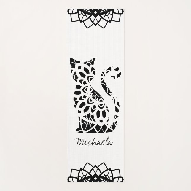Tapis De Yoga Cute Chat Mandala Nom Fille Noir Personnalisable (Devant)