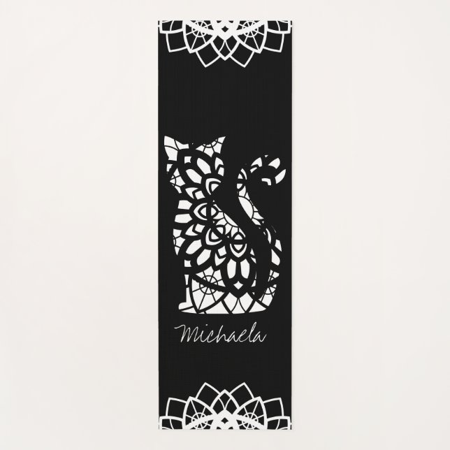 Tapis De Yoga Cute Chat Mandala Nom Fille Noir Personnalisable (Devant)