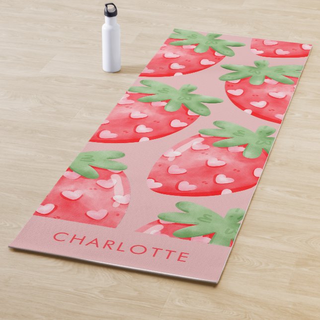 Tapis De Yoga Cute Fun Pink Strawberries Custom (En situation)