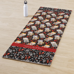 Tapis De Yoga Cute Noir et Rouge Japonais Chat chanceux