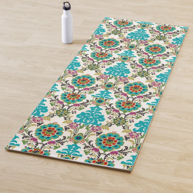 Tapis De Yoga Damask Floral Patterns Plum Turquoise (En situation)