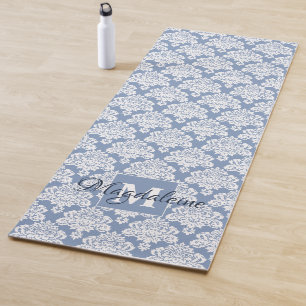 Tapis De Yoga Dentelle Damas blanche sur Dusty Blue Monogramme