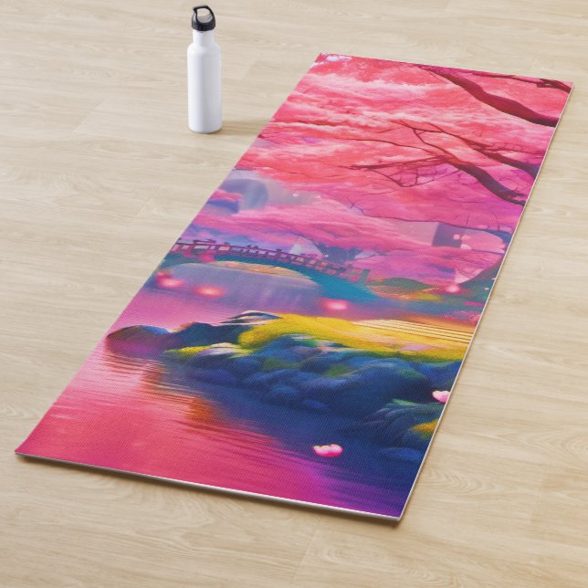 Tapis De Yoga Design forestier en fleurs roses (En situation)