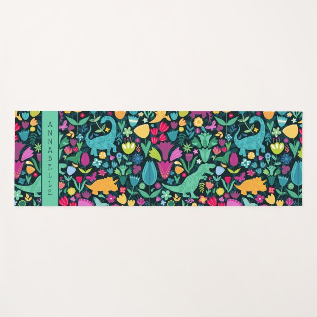 Tapis De Yoga Dinosaure Floral Folk Silhouettes Belles Filles (Devant (Horizontal))