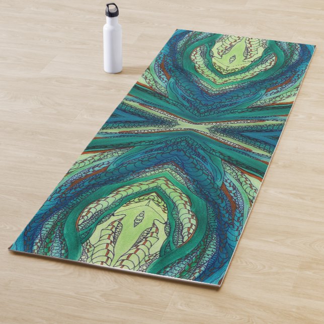 Tapis De Yoga Doodle art blues et greens (En situation)