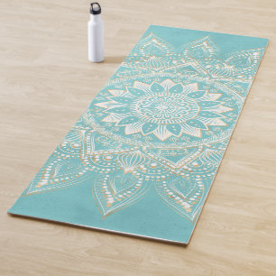Tapis De Yoga Elégant Blanc Gold Mandala Sky Blue Design
