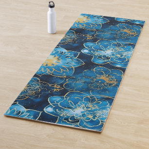 Tapis De Yoga Élégant Boho Bleu Mandala Floral Or