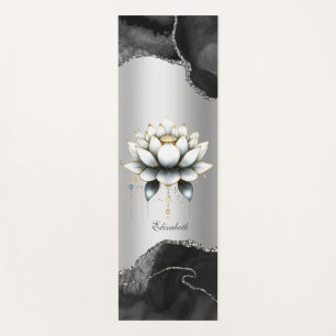 Tapis De Yoga Élégant Lotus Blanc Marbre Noir Paillettes Yoga