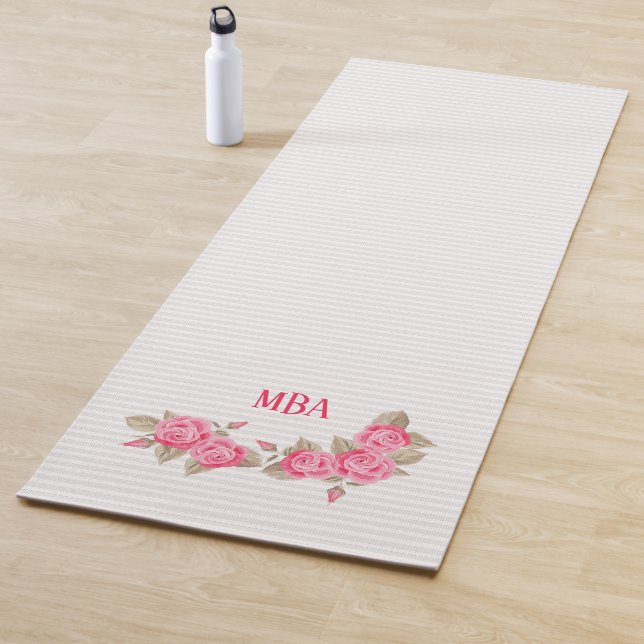 Tapis De Yoga Élégant Monogramme rose Roses Motif rayé (En situation)