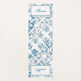 Tapis De Yoga Elégant motif bleu et blanc et votre nom