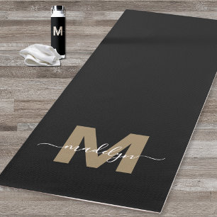 Tapis De Yoga Élégant Noir Or moderne Nom initial Monogramme