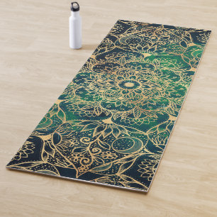 Tapis De Yoga Elégant or Mandala Floral Vert bleu