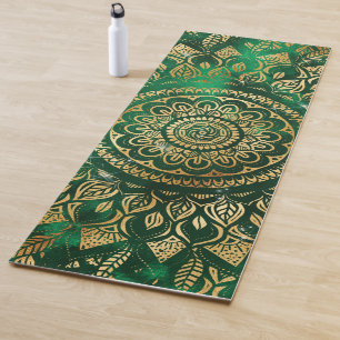 Tapis De Yoga Élégant or vert Mandala Floral 