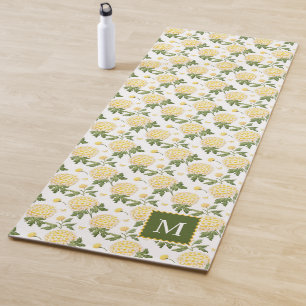 Tapis De Yoga Élégante Hydragea Jaune Monogramme Floral