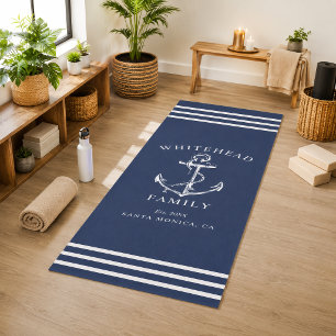 Tapis De Yoga Famille nautique moderne d'ancre bleue et blanche 