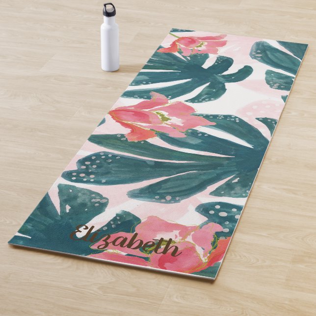 Tapis De Yoga Feuilles de palme tropicale, Hibiskus - Personnali (En situation)