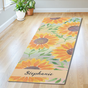 Tapis De Yoga Feuilles de tournesol aquarelle personnalisées