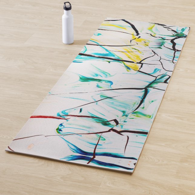 Tapis De Yoga Fissures Abstraites en bleu jaune vert (En situation)
