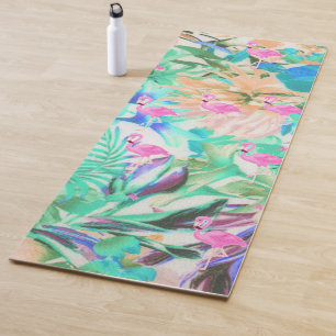 Tapis De Yoga Flamant floral rose turquoise tropical moderne