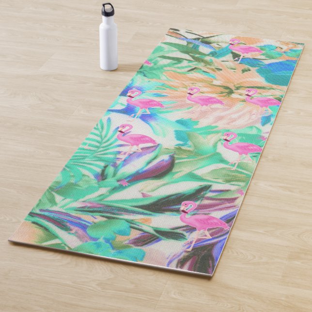 Tapis De Yoga Flamant floral rose turquoise tropical moderne (En situation)