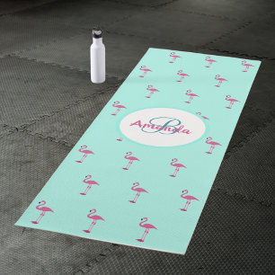 Tapis De Yoga Flamants roses monogramme couleur vert menthe nom