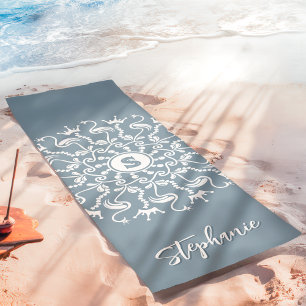 Tapis De Yoga Flamingo Perle Mandala Monogramme Bleu Poussiéreux