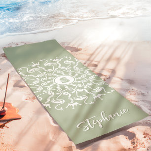 Tapis De Yoga Flamingo Perle Mandala Monogramme Vert Sauge Plage