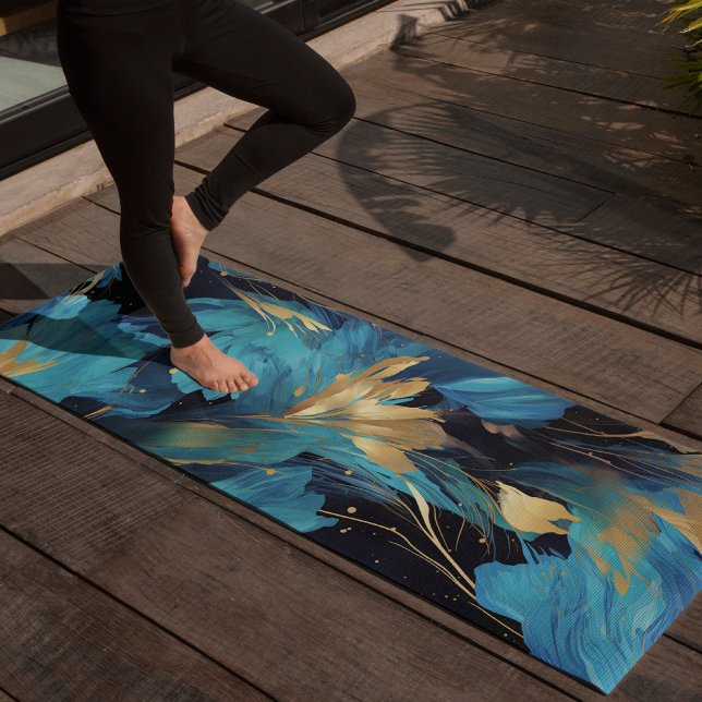 Tapis De Yoga Fleur bleue Abstraite or Floral Élégant Motif (Créateur téléchargé)