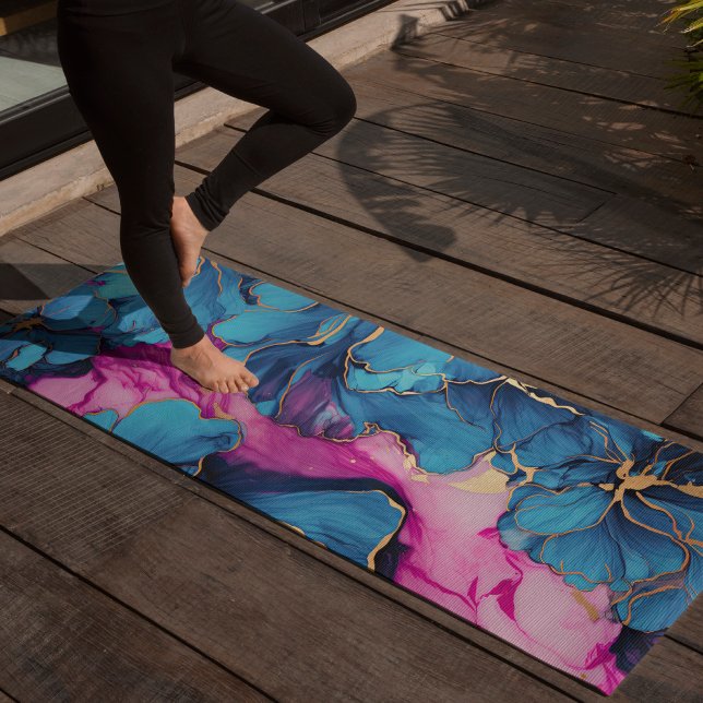 Tapis De Yoga Fleur bleue Abstraite or Floral élégant rose (Créateur téléchargé)