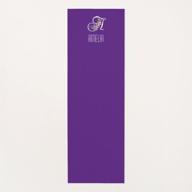 Tapis De Yoga Fleur d'aquarelle initiale de monogramme violet (Devant)